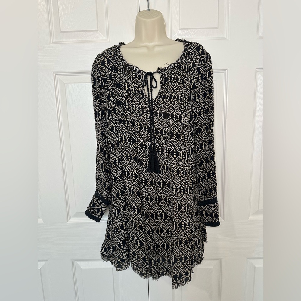 Free People Black and Cream Patterned Long Sleeve Dress